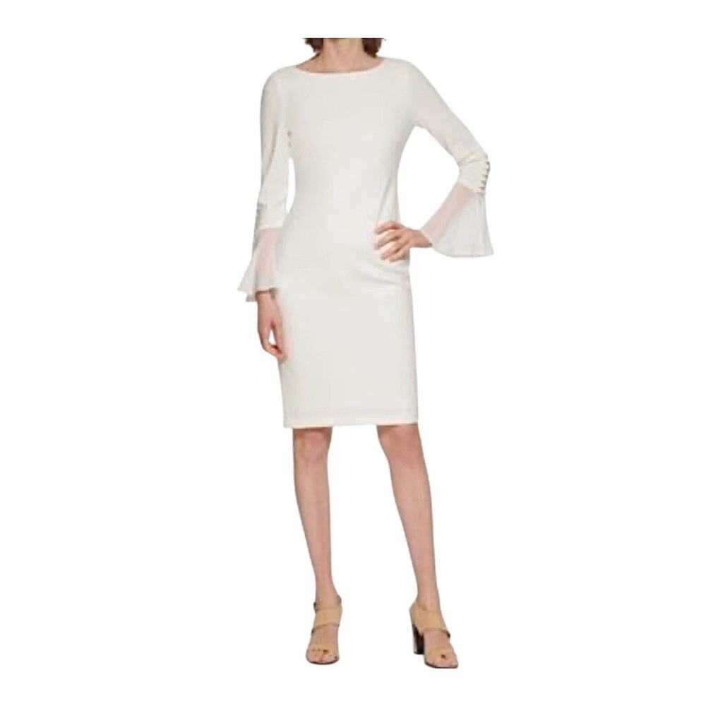 Calvin Klein Shift Dress - 2 - White Bell Sleeve, Classic Holiday Party Bridal - Picture 3 of 16